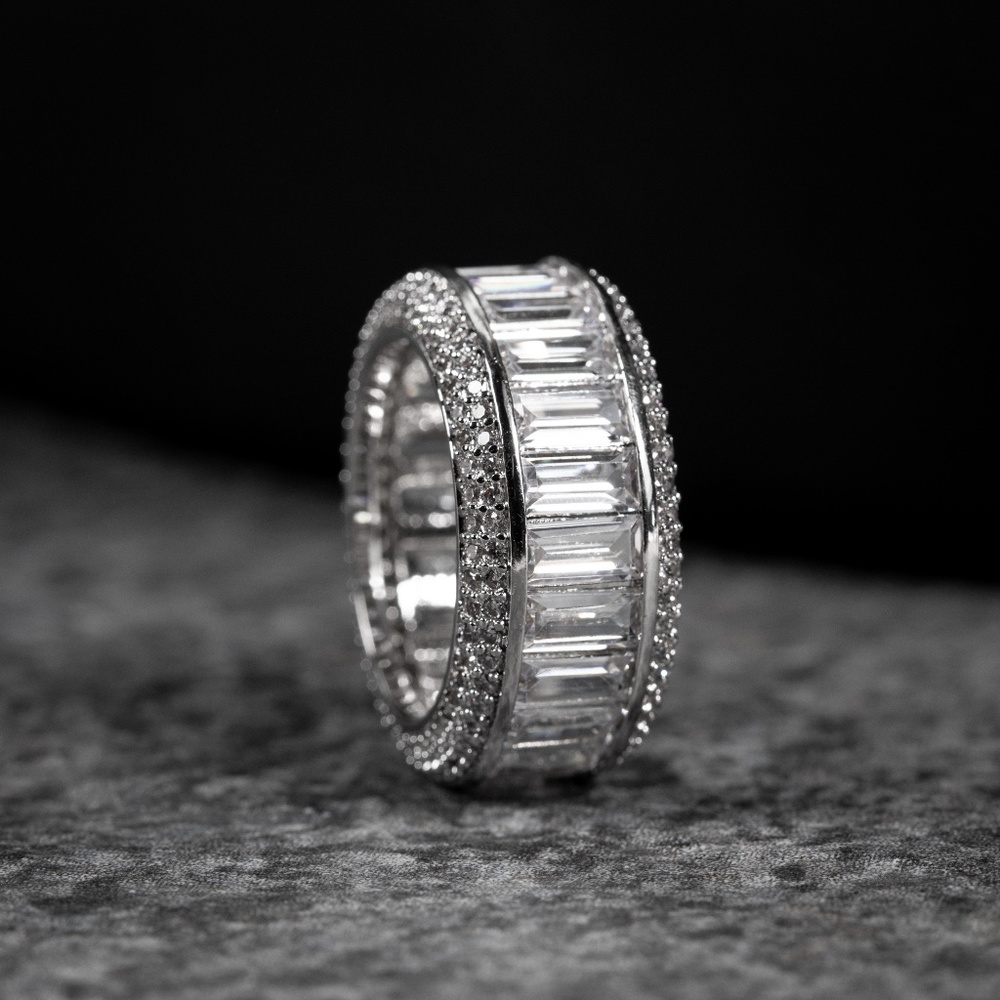 Men's ​White Gold Plated Fully Iced  Cz Hip Hop Baguette Pinky Statement Ring